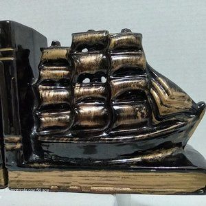 Ceramic Redware Pirate Ship Bookends 1960's